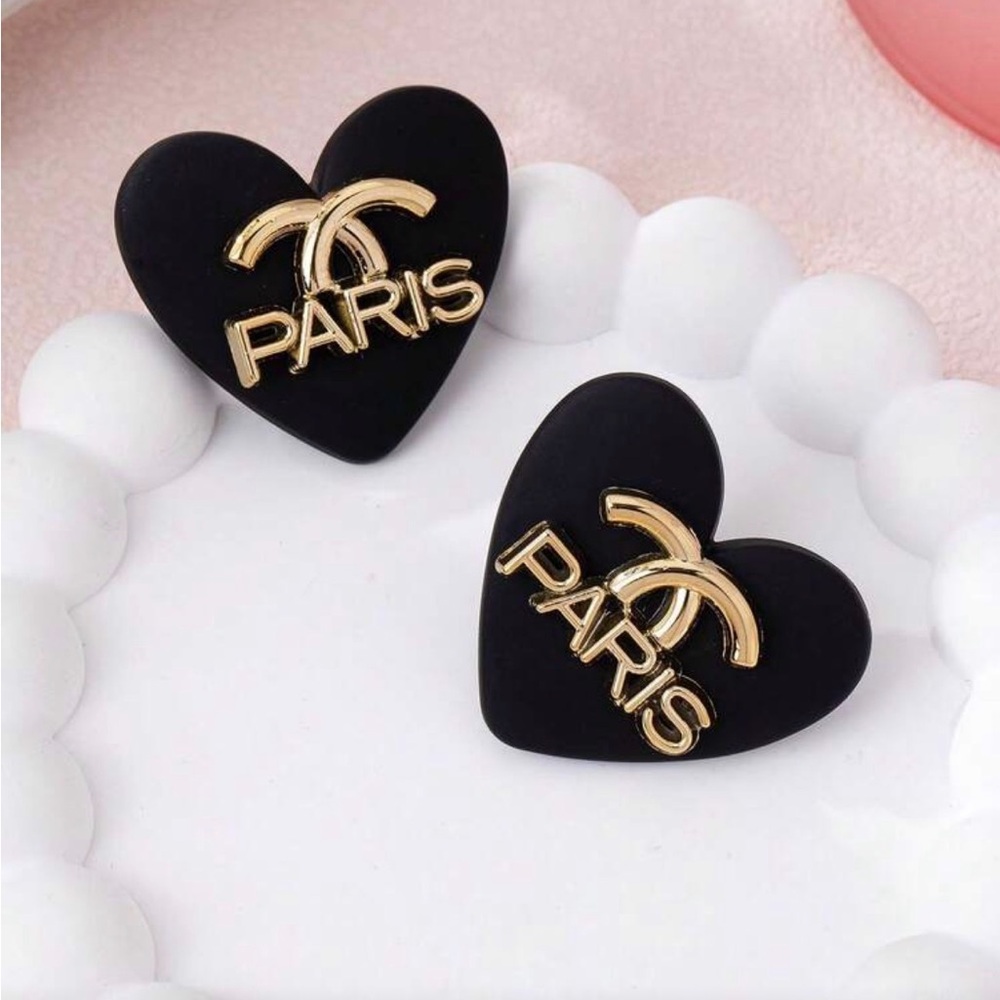 Paris Black Heart Earrings with Gold Accents